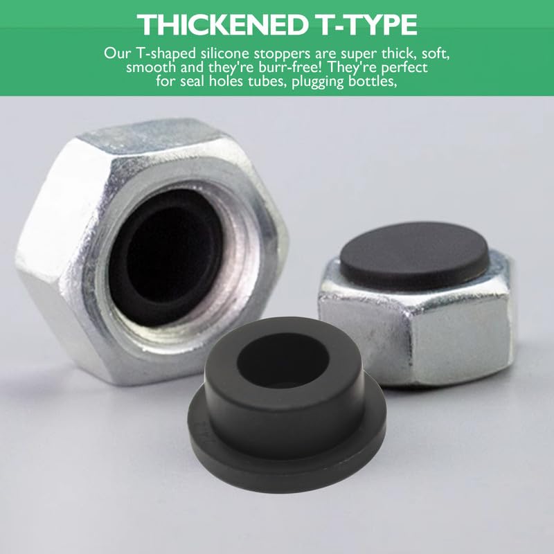 EASYEAH 4 Sizes 6.3/6.5/6.8/7 mm T-Shaped Silicone Plugs 1/4 inch Soft Flexible Rubber Stopper in Tube End Cap Cover Waterproof Sealing Hole Plugs for Bottles Pipes, Black, 32 Pcs