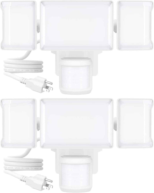 75W Motion Sensor Outdoor Flood Lights - 3 Heads, 7500LM LED Security Lighting, IP65, 6500K for Garage, Yard & Patio (2 Pack)