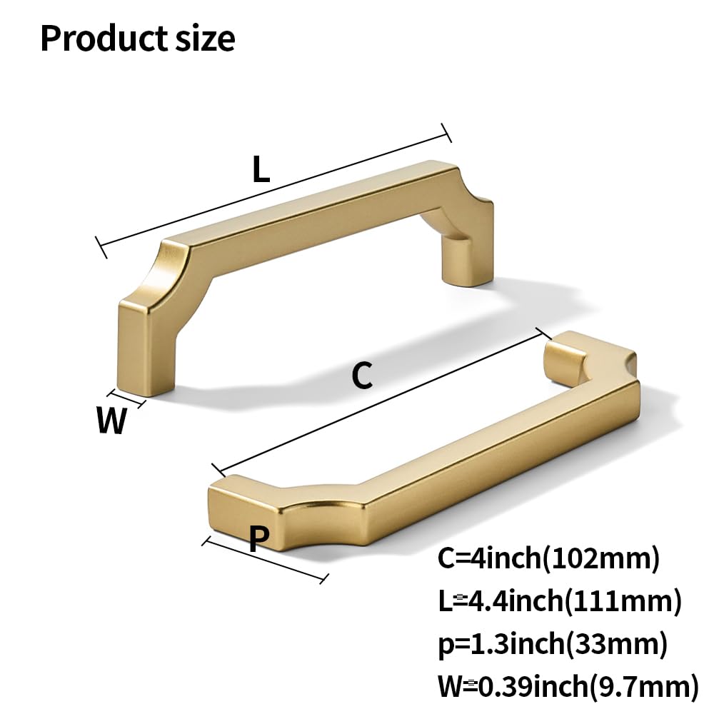 khtumeware 2-Pack 4 Inch Square Brushed Gold Cabinet Pulls, Solid Satin Gold Zinc Alloy Heavy-Duty Handles for Kitchen/Bathroom Cabinets, Drawers & Cupboards (4 Inch Center to Center)