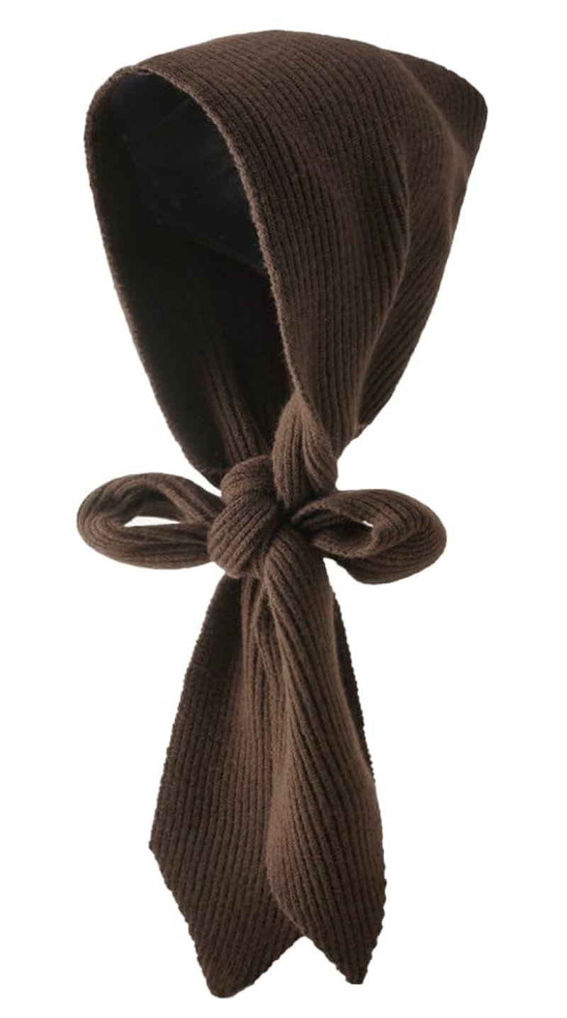Women Winter Knitted Hooded Scarf Pure Color Long Scarf Cap Warm Head Scarves Pullover Wrap Hat Beanie Hat Coffee