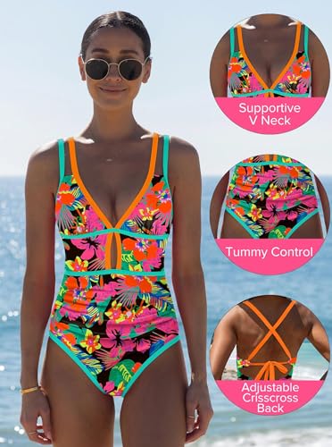 POPVIL Neon Tummy Control One-Piece Swimsuit for Women - Orange Leopard, 2026
