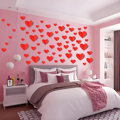 72 Pcs Valentine's Day Wall Decoration, 3D Heart Valentine Wall Stickers, Waterproof Wall Decals, for Wedding Anniversary Party Bedroom School Office Valentine's Day Decorations (Red)