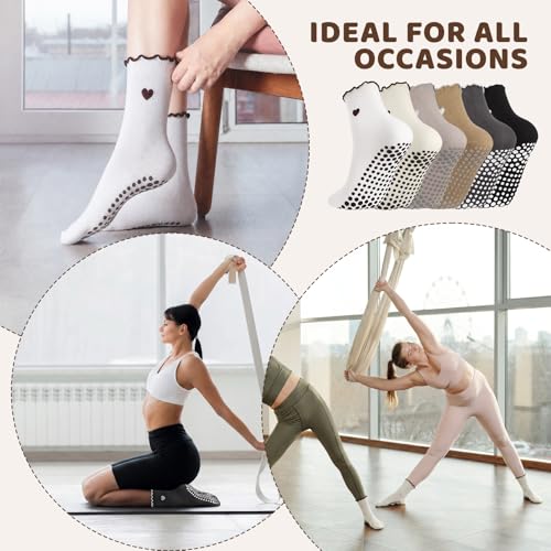 Cute Pilates Socks with Grips for Women - Morandi Tone Heart