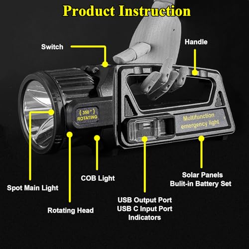 Rechargeable Spotlight, 2,000,000L High Lumens 350¡Æ Rotatable Led Solar Spot Lights Outdoor Handheld Long Range Flashlight with 9 Modes, Solar Panels, USB C for Fishing Boating
