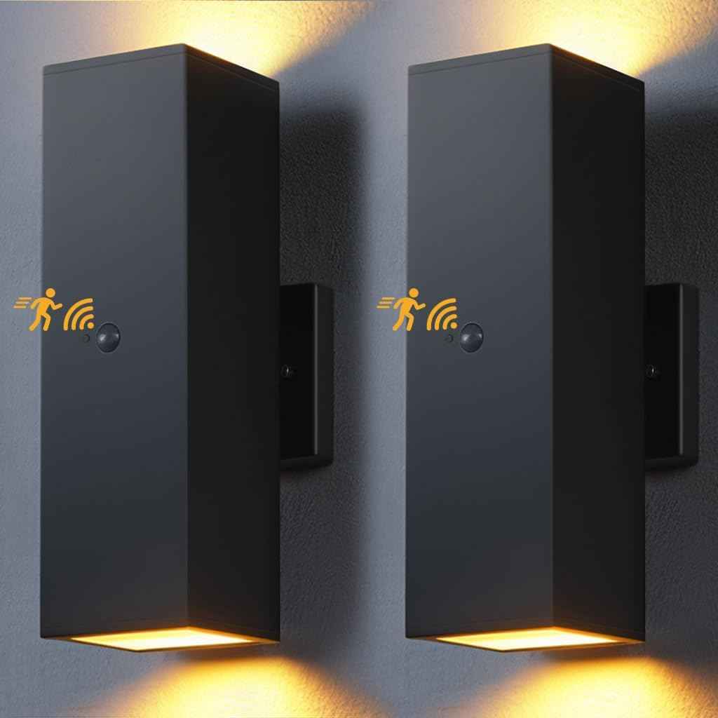 Modern Outdoor Wall Lights - Dusk to Dawn Square Matte Black Sconce with Bulbs, Aluminum Anti-Rust Up & Down Lighting for Porch & Garage