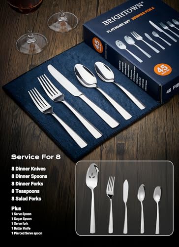 Brightown Silver Flatware Set for 8 - 45-Piece Stainless Steel Cutlery, Silver