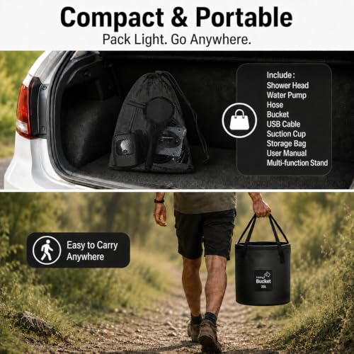 Cinlinso Black Rechargeable Portable Camping Shower with Long Battery Life