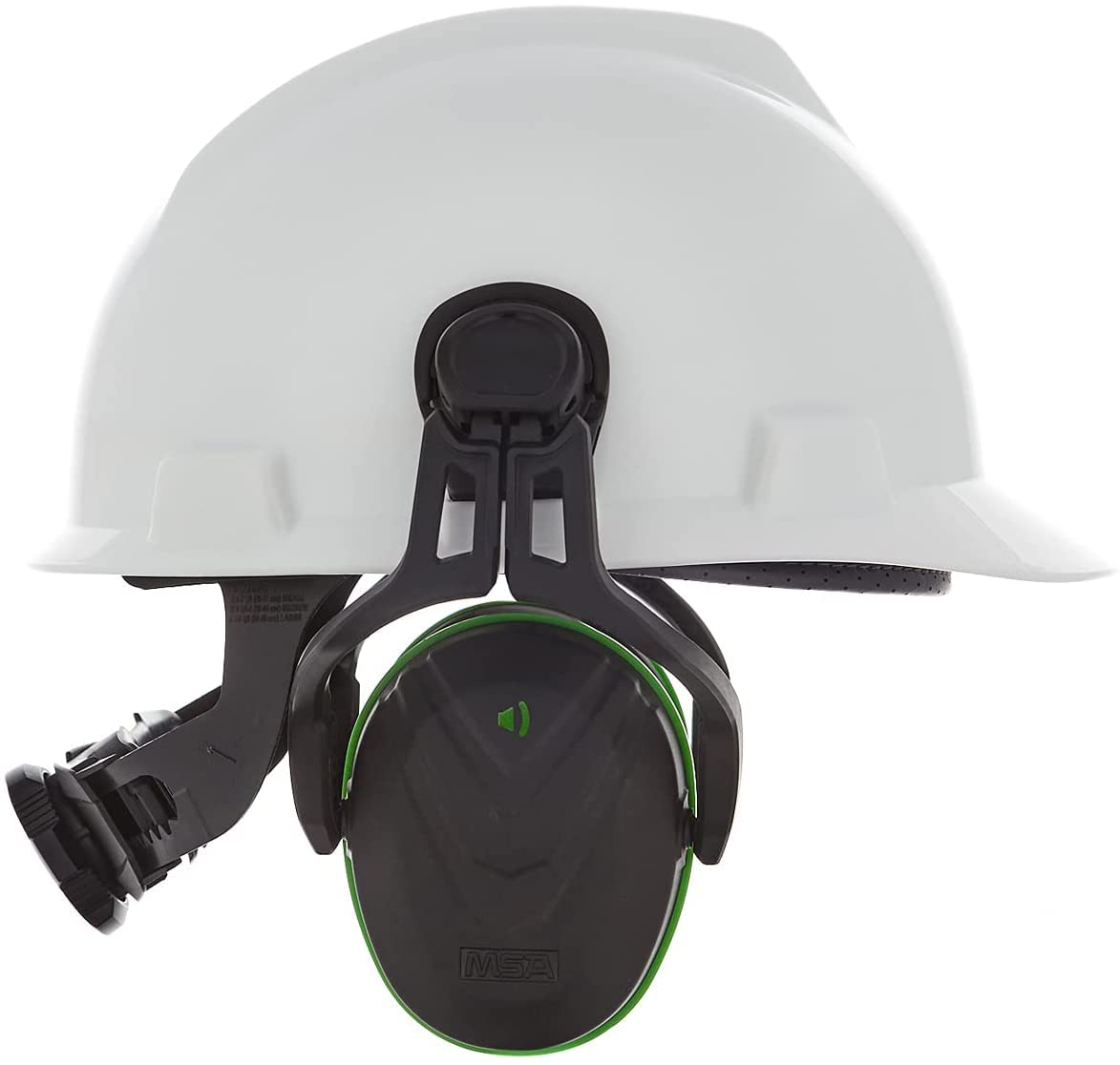 MSA 10190356 V-Gard Helmet Ear Defenders - Enhanced Comfort Hearing Protection Capsules with Helmet Mount for V-Gard Cap Style Hard Hats - Black/Green - Low Attenuation SNR: 28 dB