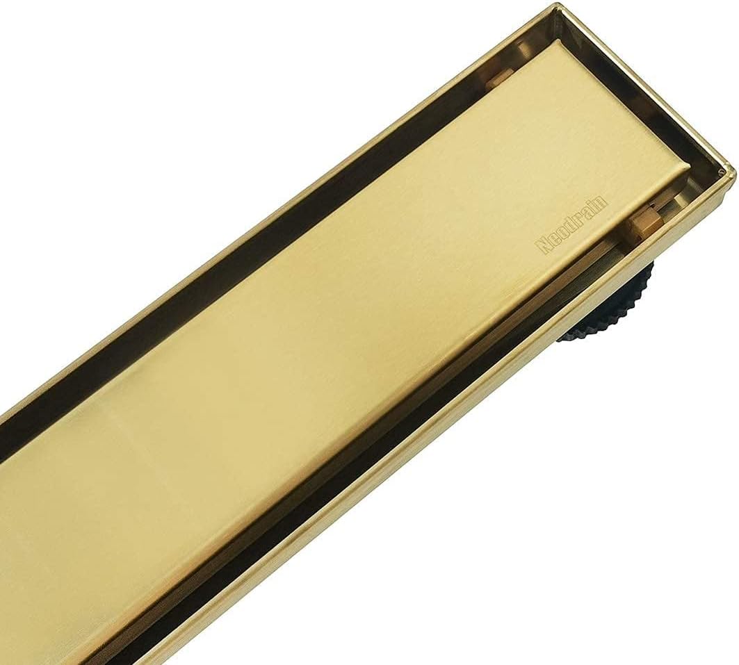 Neodrain 18-Inch Gold Linear Shower Drain - Brushed Brass, Tile Insert Cover & Hair Strainer