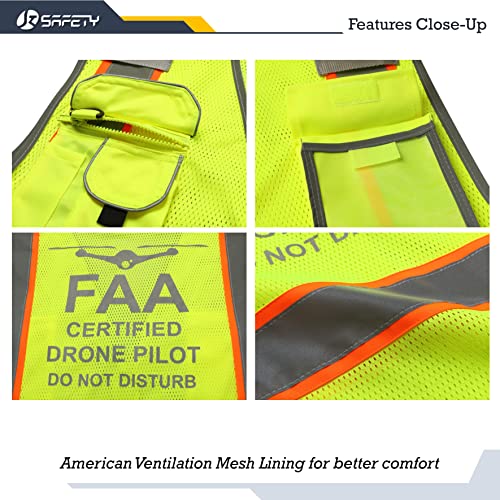 JKSafety 9 Pockets FAA Licenced Drone Pilot Hi-Vis Retro-Reflective Safety Vest | HQ Mesh Lite Neon Yellow Body Color Orange Trimming | ANSI/ISEA Compliance (JK100-FAA-Yellow-L)