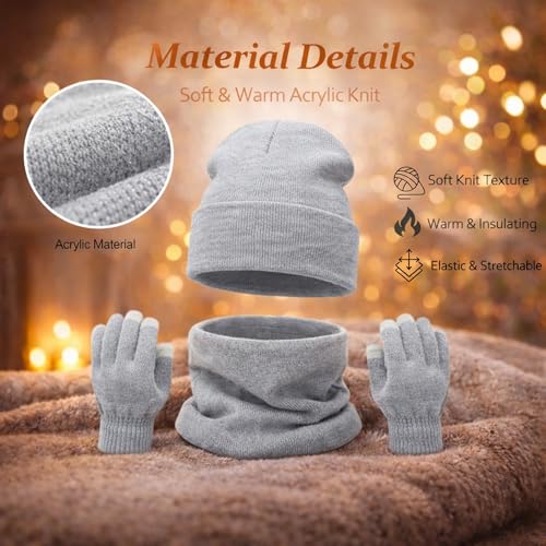 Winter Beanie Hat Neck Warmer Touchscreen Glove Set - Grey