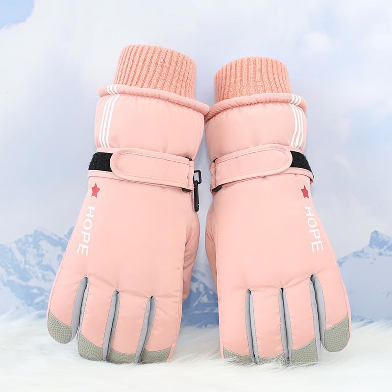 Kids Waterproof Winter Ski Gloves - Warm Snow Mittens for Ages 5-10 - Pink