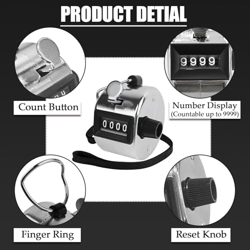 4-Digit Metal Hand Tally Counter - Mechanical Clicker with Lanyards (Silver)