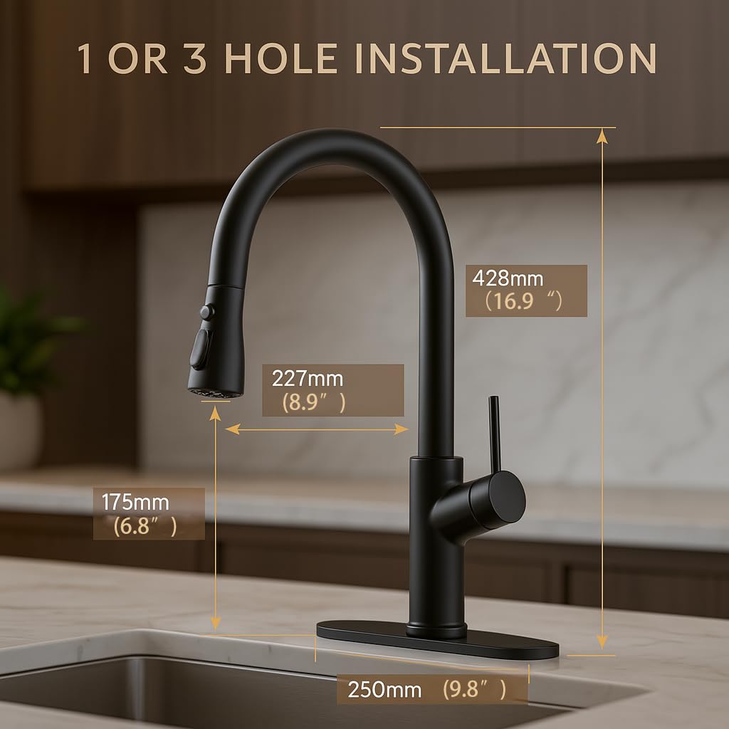 INDARE Matte Black Kitchen Faucet with Pull-Down Sprayer, High Arc Single Handle Stainless Steel Deck Mount Faucet, 1 or 3 Hole Deck Plate Included for Farmhouse Camper Laundry RV Bar