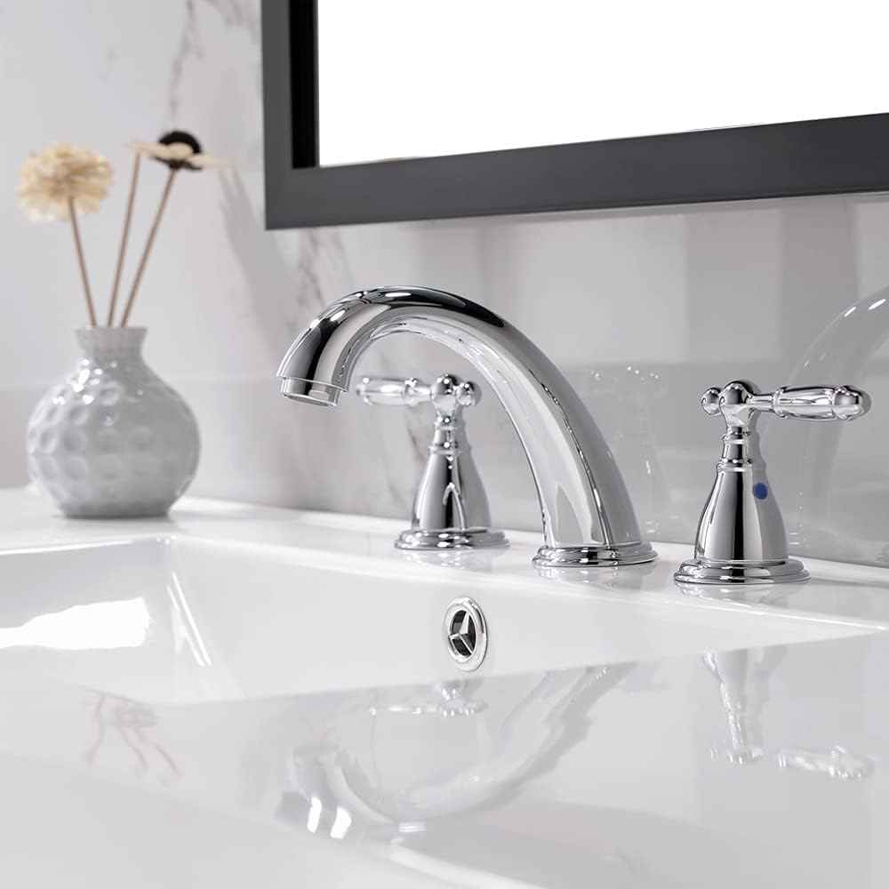 Phiestina 8-Inch Widespread Bathroom Faucet - Chrome, Lead-Free, Metal Pop-Up Drain, Model WF008-4-C