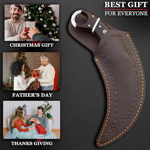 RC Damascus Hunting Knife with Leather Sheath - Full Tang Fixed Blade, 9 Inch Outdoor Survival Knife for Men