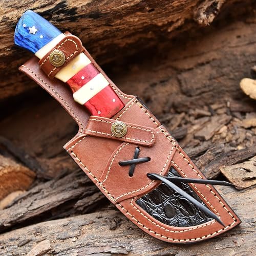 Damascus Steel Fixed Blade Hunting Knife with Leather Sheath - Tactical Survival Bushcraft Knife for Men