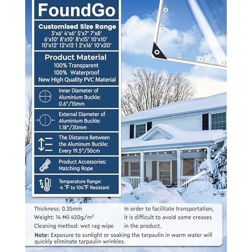 FoundGo Clear PVC Vinyl Tarp - 7'x8' - 14 Mil Thickness - Transparent Polytarp with Metal Grommets - Waterproof, UV & Tear Resistant - Ideal for Protection Against Cold Weather & Elements