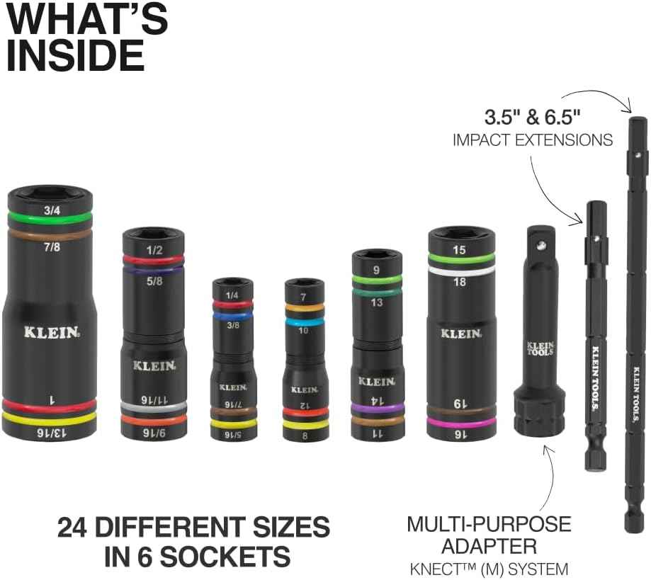 Klein Tools KNECT Quad Socket Set - 4-in-1 Color Coded, Heavy-Duty SAE Impact, 12 Sizes