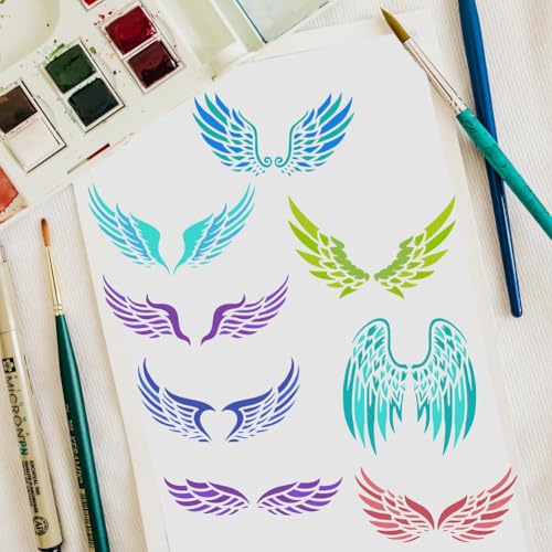 FINGERINSPIRE 4 PCS Angel Bird Wings Stencil with a Paint Brush 11.8x11.8 inch Large Angel Wings Stencil 4 Styles Dreamy Wings Pattern Templates for Painting on Wood Wall Furniture DIY Home Decor