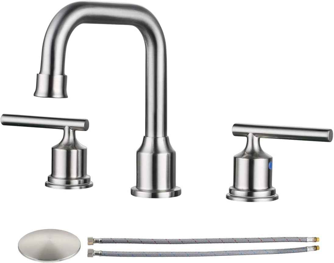Brushed Nickel 8-Inch Widespread Bathroom Faucet with 360° Swivel Spout - Modern 2 Handle Lavatory Sink Fixture
