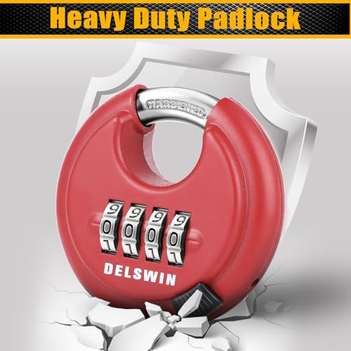 DELSWIN Outdoor Combination Padlock - 4 Digit Heavy Duty Disc Lock with Hardened Shackle,Combo Padlock for Gate,Storage Unit,Fence(25/64" Shackle, Red,2Pcs)