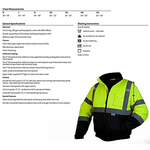 Pyramex Safety RJ3210X3 RJ32 Series Jackets Hi-Vis Lime Bomber Jacket with Quilted Lining- Size 3X Large
