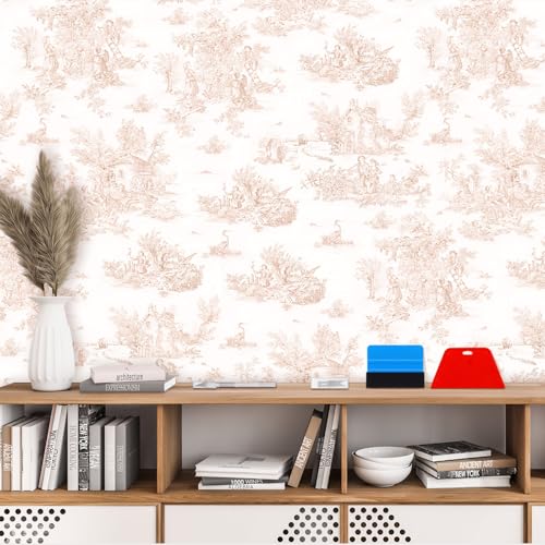 18ft x 20.5 Inch Pink Chateau Toile Peel and Stick Wallpaper with Smoothing Tool Kit Blush Removable Self Adhesive Vintage Wallpaper Toile Contact Paper for Bedroom Bathroom Walls Covering