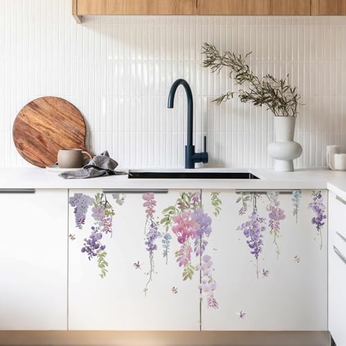 Purple Flower Wall Stickers Removable Peel and Stick Window Clings Purple Hanging Vine Floral Wall Decals for Girls Room, Living Room, Bedroom, Nursery Decor