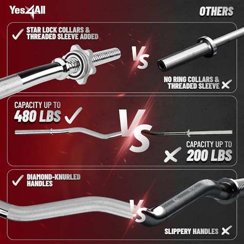 Yes4All 1-Inch Chrome Curl Bar - Solid Steel Olympic & Standard Barbell for Home Gym