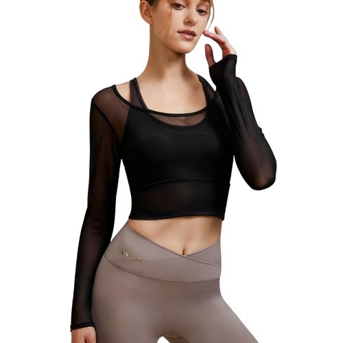 Harssidanzar Women's 2 in 1 Yoga Long Sleeve Mesh Gym Athletic Tops Workout Shirts with Medium Support Sports Bra CL301US, Black, Size Small