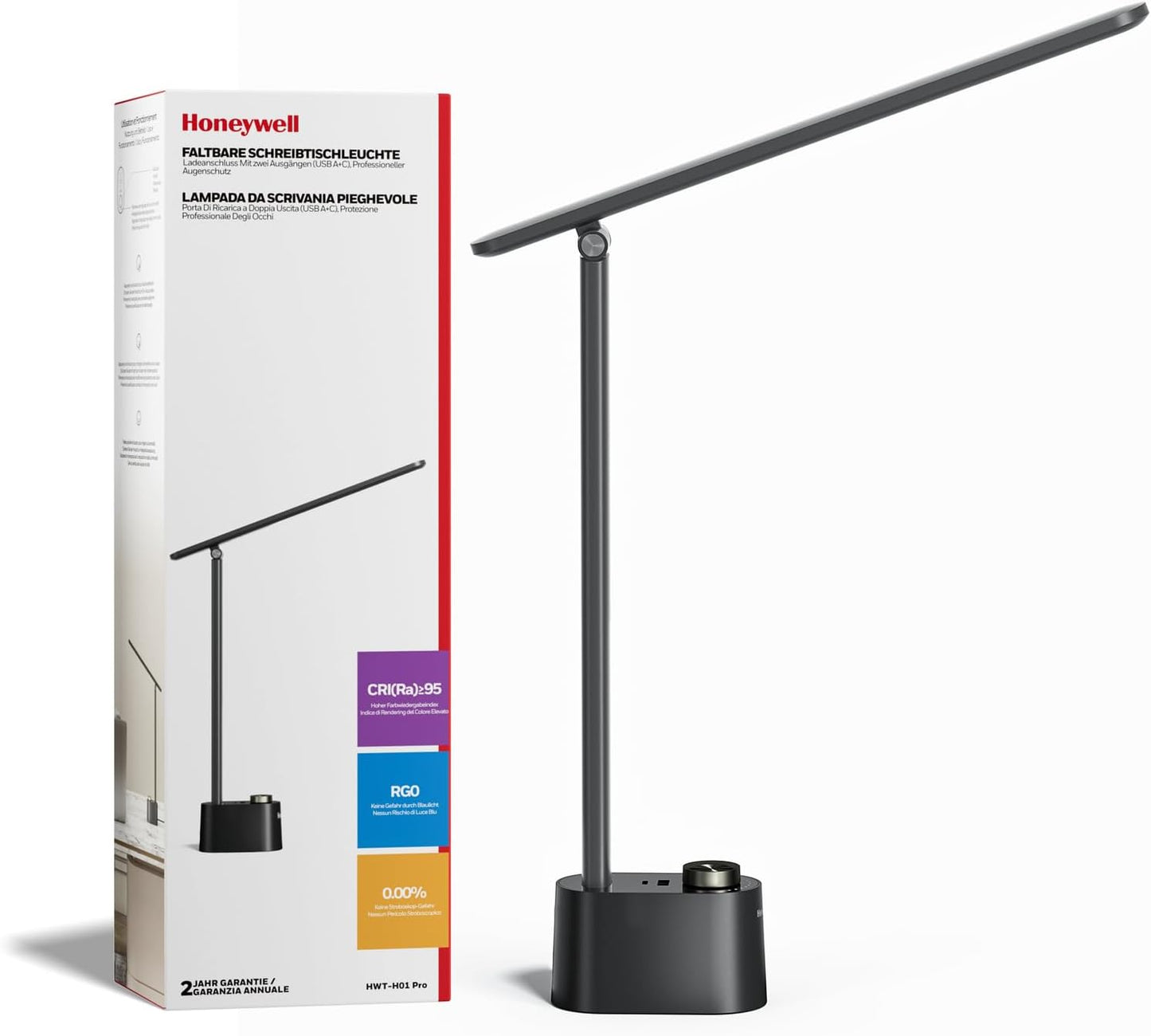 Honeywell H01 Pro LED Desk Lamp - Dimmable Foldable Light with USB Charging & 3 Color Modes for Home Office