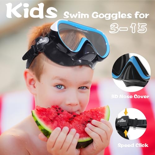 Freela Kids Swimming Goggles 4-16 with Nose Cover, No-Leak Anti-Fog (1 Pack, Blue)