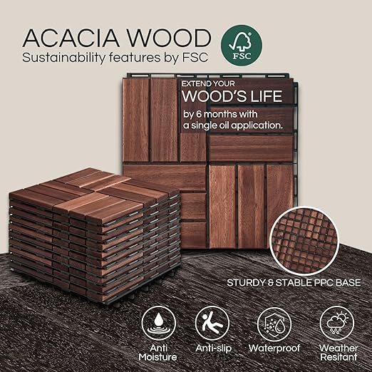 Outdoor Waterproof Acacia Wood Deck Tiles - 10 Pcs Patio Flooring for All Weather Use