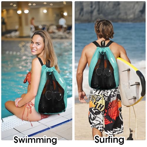 WANDF Mesh Swim Bag for Swimmers - Mint Green Medium Beach Backpack