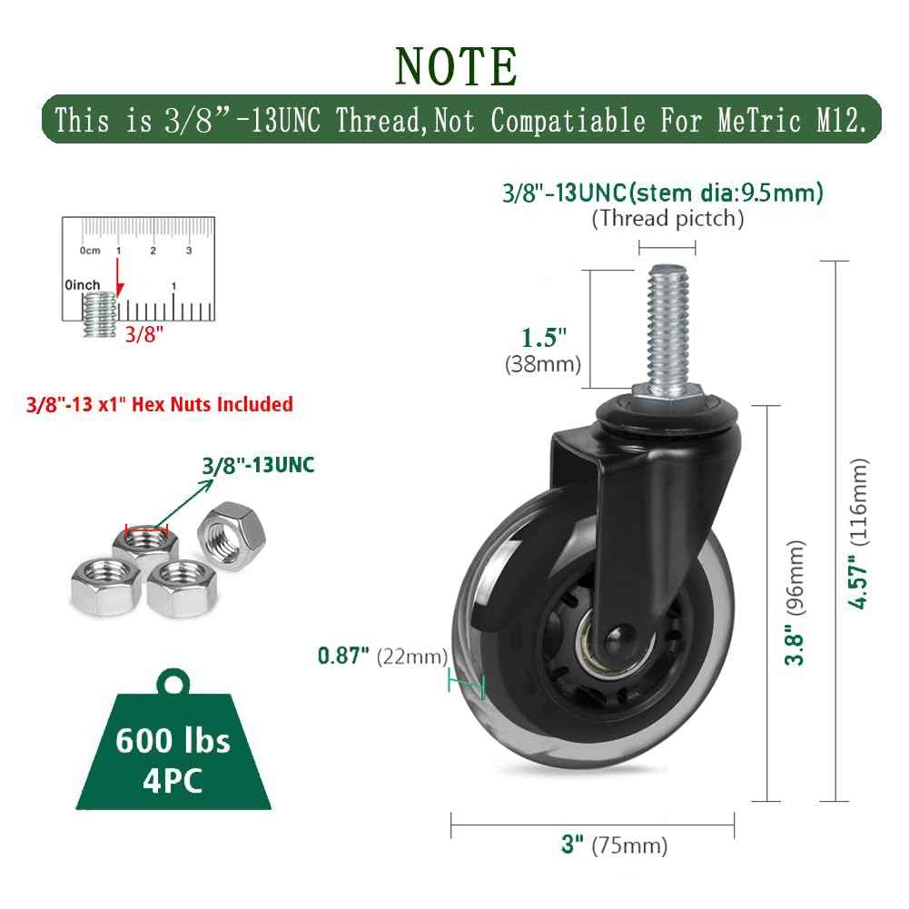 8T8 3" Rubber Caster Wheels Heavy Duty with 3/8"-16 x 1-1/2" Threaded Stem Casters Set of 4 (Screw Diameter 3/8", Length 1.5"), Quiet and Smooth Rolling Castors for Furniture Hardwood Floors