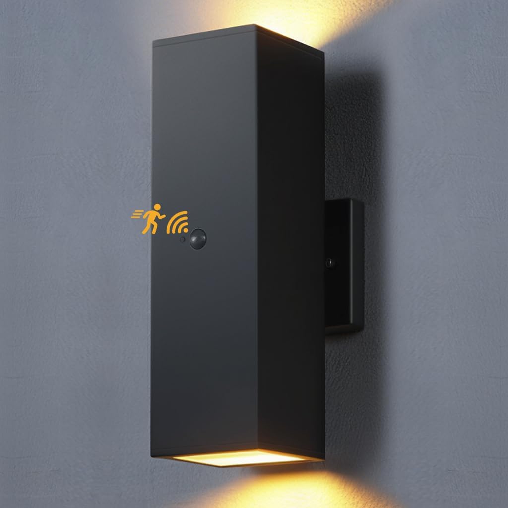 Modern Outdoor Wall Lights - Dusk to Dawn Square Matte Black Sconce with Bulbs, Aluminum Anti-Rust Up & Down Lighting for Porch & Garage
