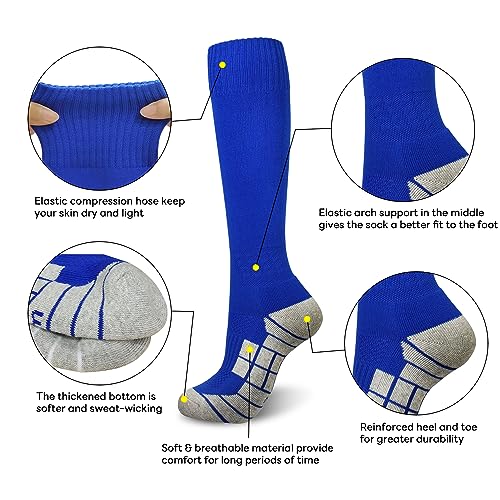Knee High Soccer Socks - Youth & Adult, 3 Pairs - X-Large Black+White+Blue
