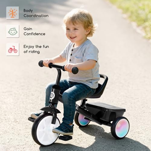 Bobike Black Toddler Tricycle with Glowing LED Wheels, Adjustable Seat & Rear Basket