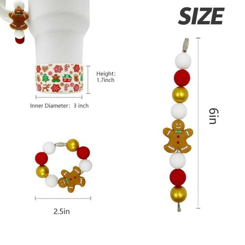 Christmas Tumbler Sleeve Cover with Beaded Handle Decor & Cup Bottom Boot – Xmas Drinkware Decoration, Gingerbread Man Water Bottle Accessories for Stanley 30oz 40oz Tumblers