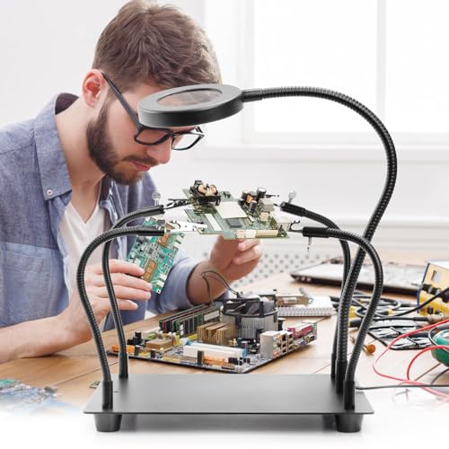 Helping Hands Soldering, PCB Holder Soldering Station Third Hand Tool with 5X Magnifying Glass with Light, 4 Arms Helping Hands Non-Slip Steel Weighted Base for Welding