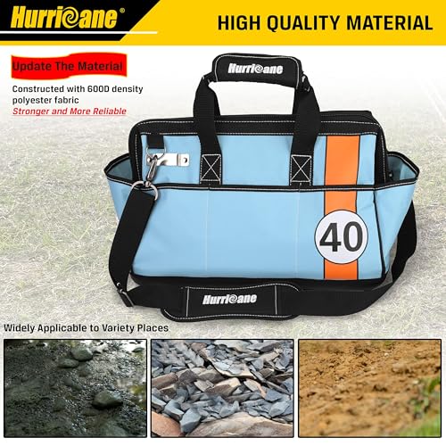 HURRICANE 16 inch Wide Mouth Tool Bag with Water Proof Molded Base with Extra Shoulder Strap, Racing theme-Blue, Multi Pockets, Large Inner Space