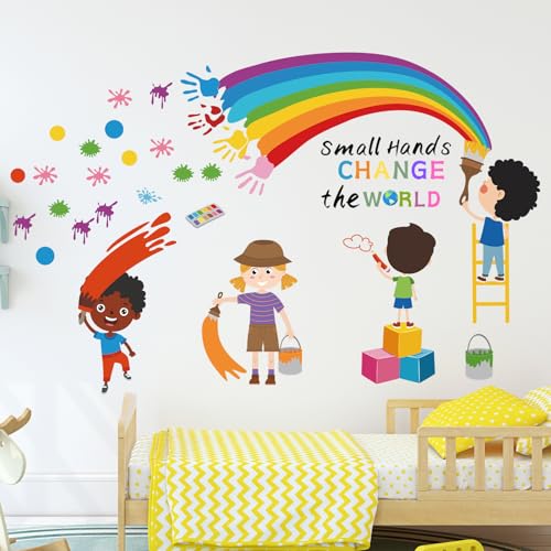 Small Hands Change The World Wall Stickers Inspirational Quote Rainbow Wall Decals for Kids Room Playroom Classroom School Library Wall Decor