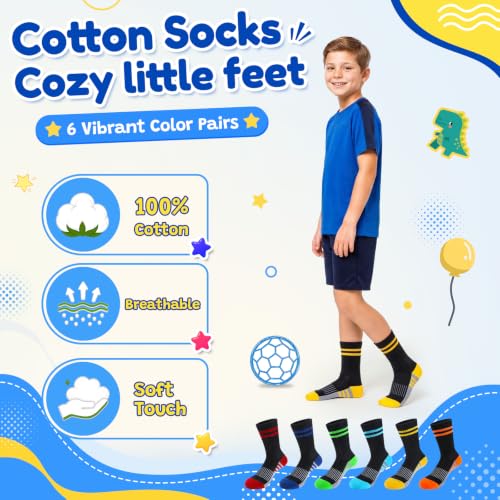 Saracat Boys 100% Cotton Cushioned Crew Socks Large-X-Large, 6 Pairs Multicolor — Athletic Crew Socks