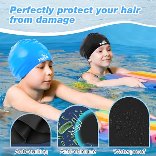 Kids Swim Caps for Long Hair - 2 Pack Silicone, Black & Blue