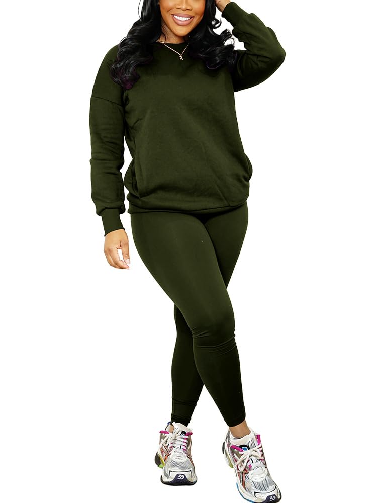 Nimsruc Two Piece Outfits For Women Sweatsuits Sets Casual Long Sleeve Pullover Jogger Sweat Pants Set With Pocket Army GreenA XL