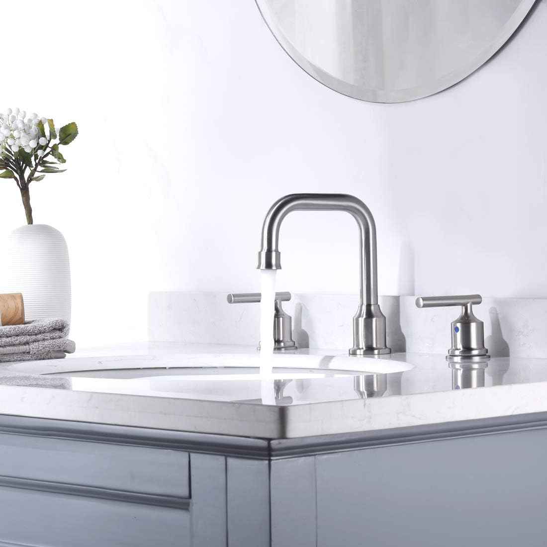 Brushed Nickel 8-Inch Widespread Bathroom Faucet with 360° Swivel Spout - Modern 2 Handle Lavatory Sink Fixture
