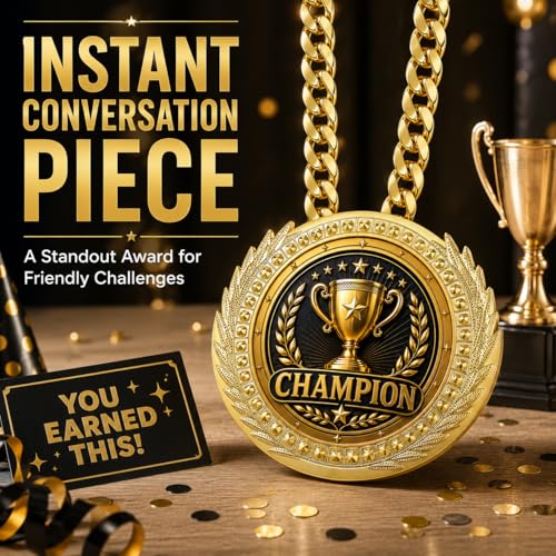 Oversized Champion Medal Necklace - 6" Gold-Tone Sports Award - Champion