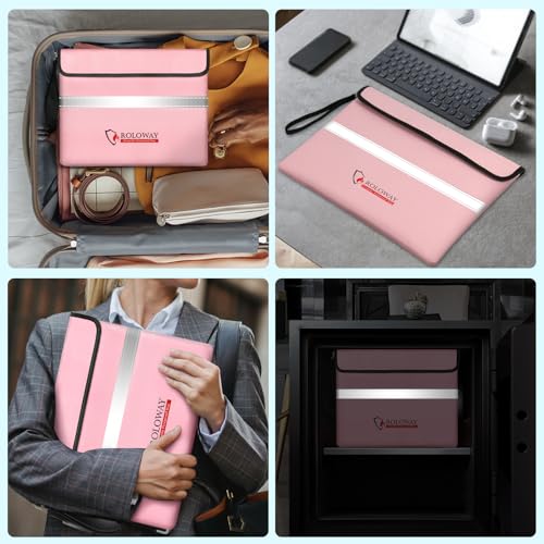 ROLOWAY Fireproof Document Bag (14 x 11 inch) with 5200¢µ Upgraded Aluminum Foil Layer, Fireproof Bag for Documents with Reflective Strip and Zipper (Pink)
