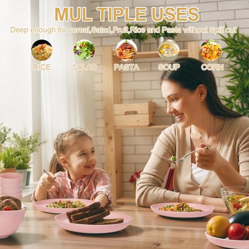 Rubtlamp 16Pcs Pink Wheat Straw Reusable Dinnerware Set for 4 | Durable Plates & Bowls